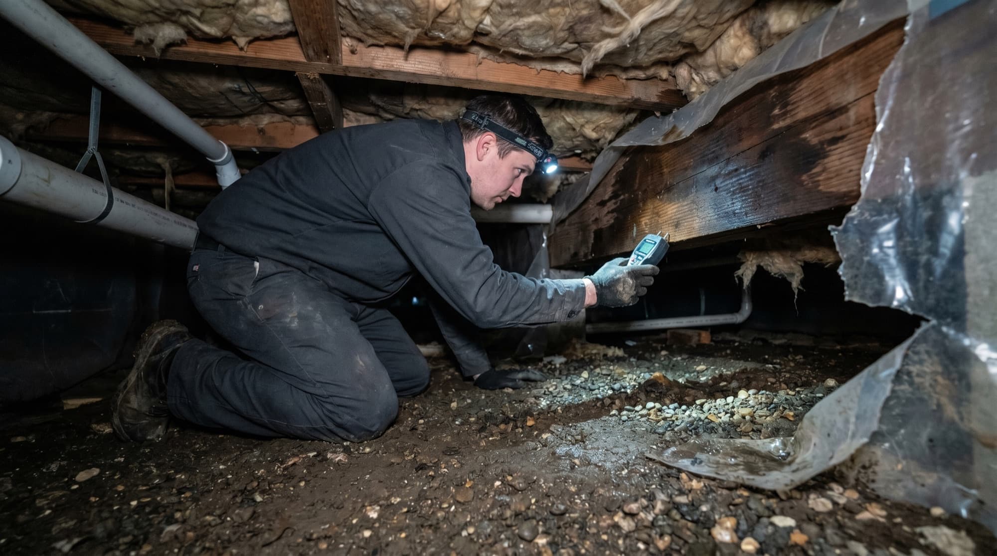 Mitig8 technician inspecting a crawl space with a moisture meter and headlamp