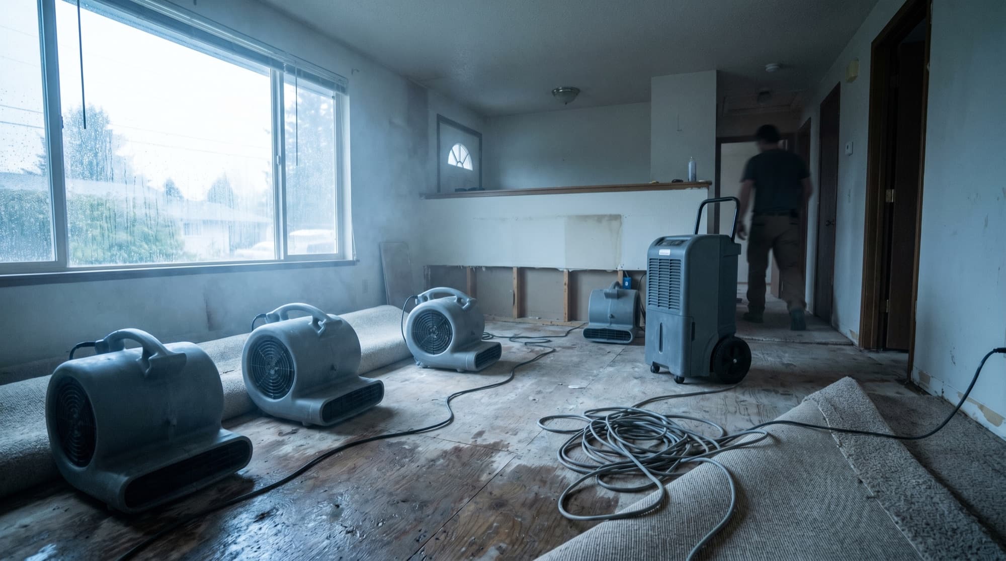 Water damage restoration crew working inside a Clark County home
