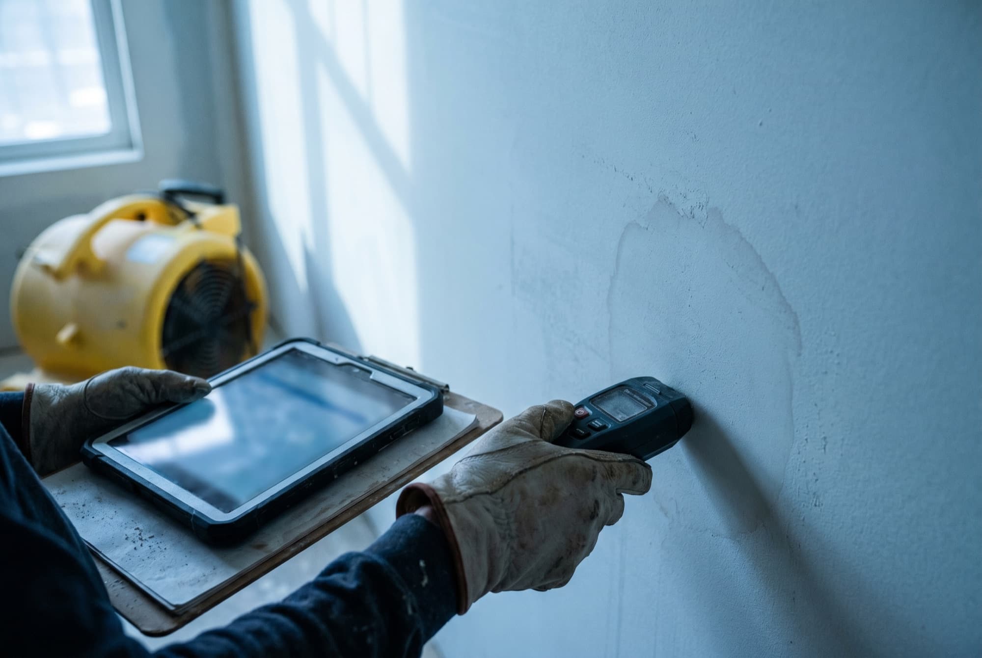 Restoration specialist documenting water damage for an insurance claim