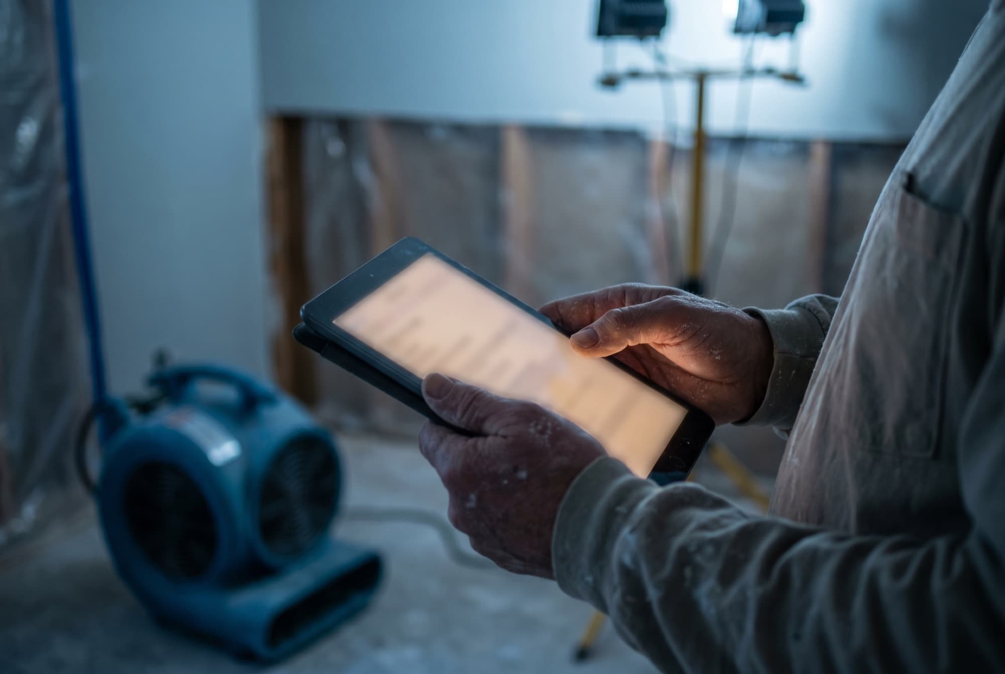 A Mitig8 crew member documenting moisture readings and progress photos on a Clark County job