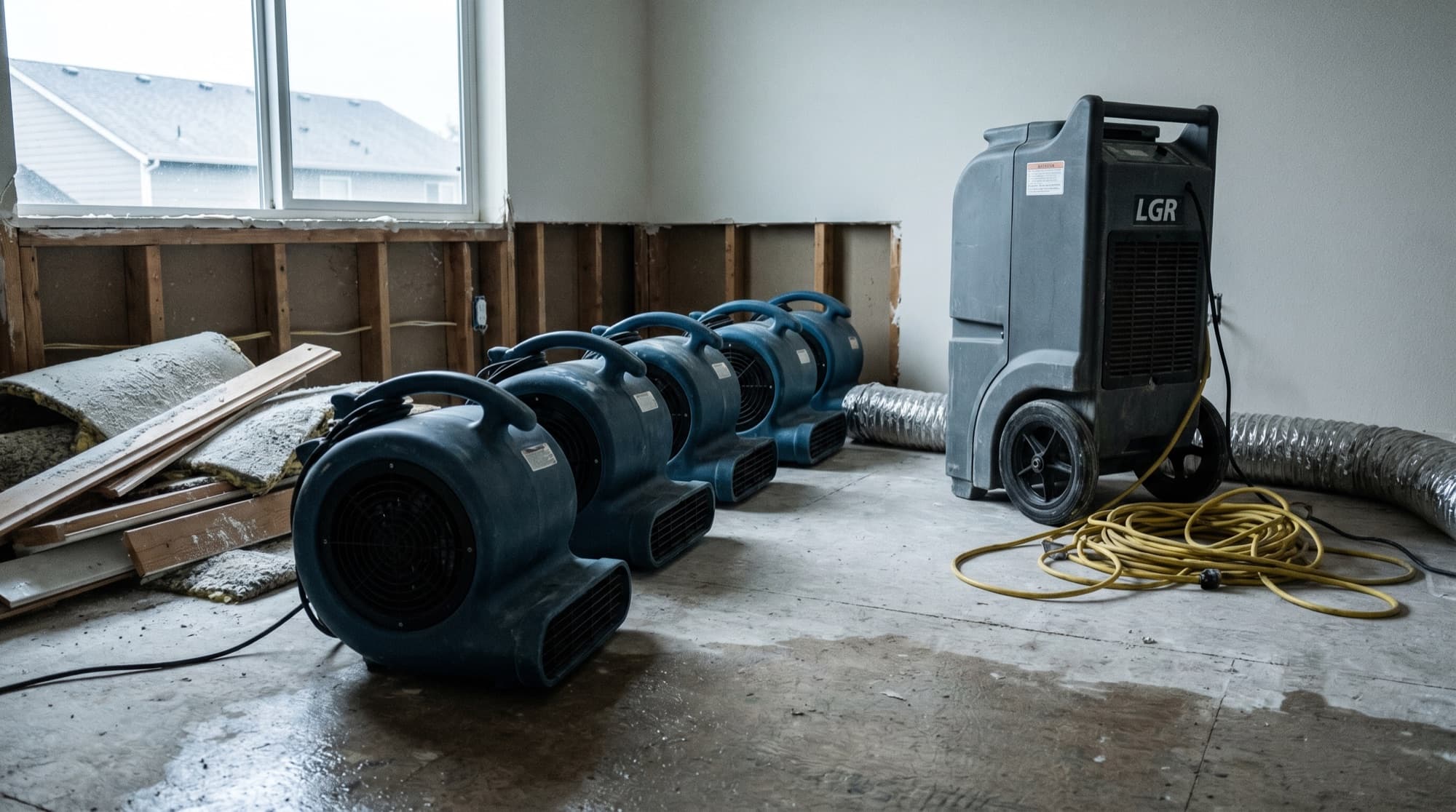 Industrial air movers and a dehumidifier drying a water-damaged room